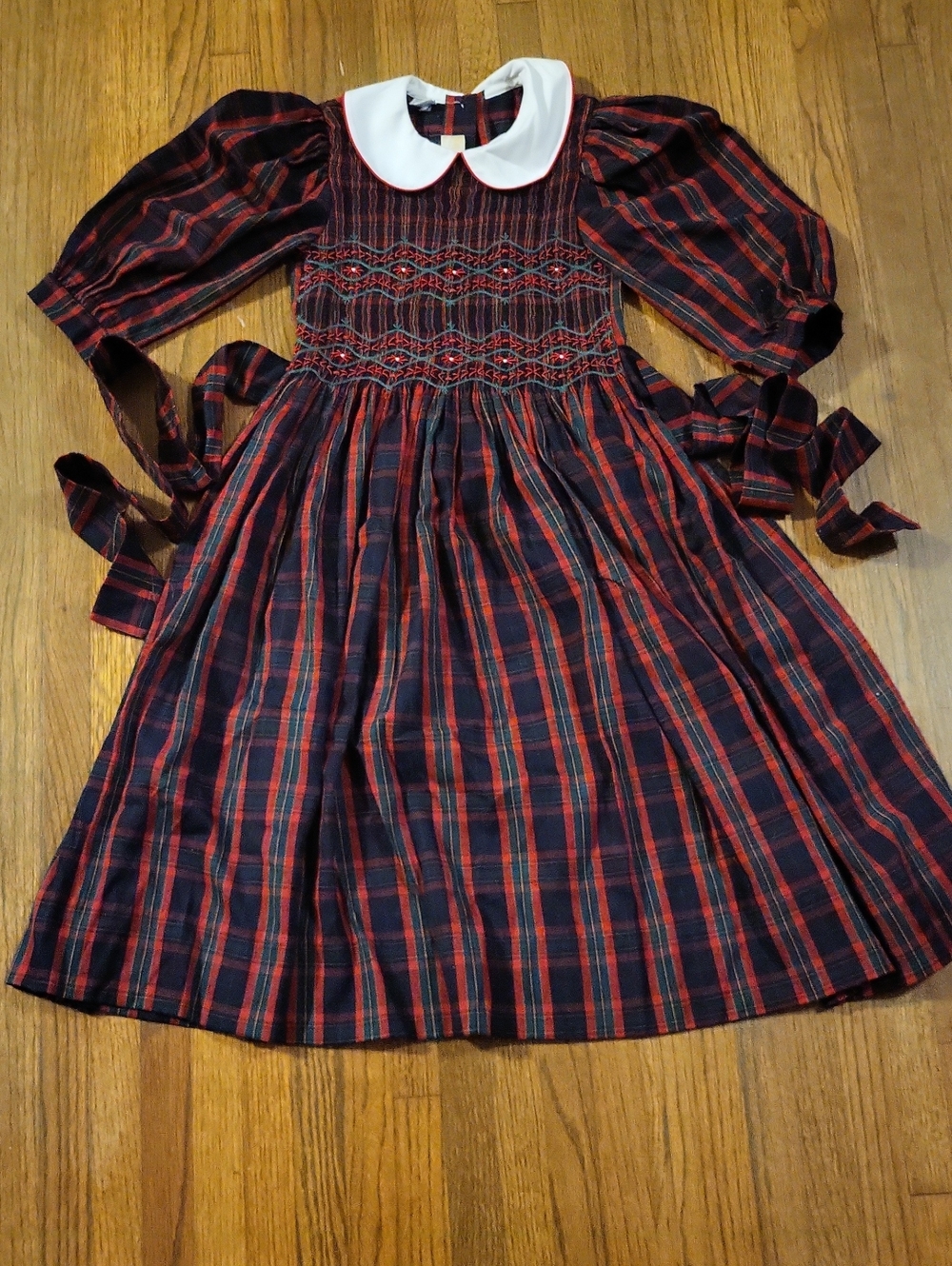 Girls Red & Black Plaid Smocked Holiday Dress with White Peter Pan Collar